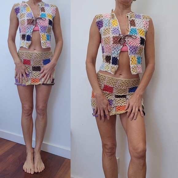 Custom SET: crochet Festival Knit checker multi color skirt + top xs andi bagus - Picture 4 of 4